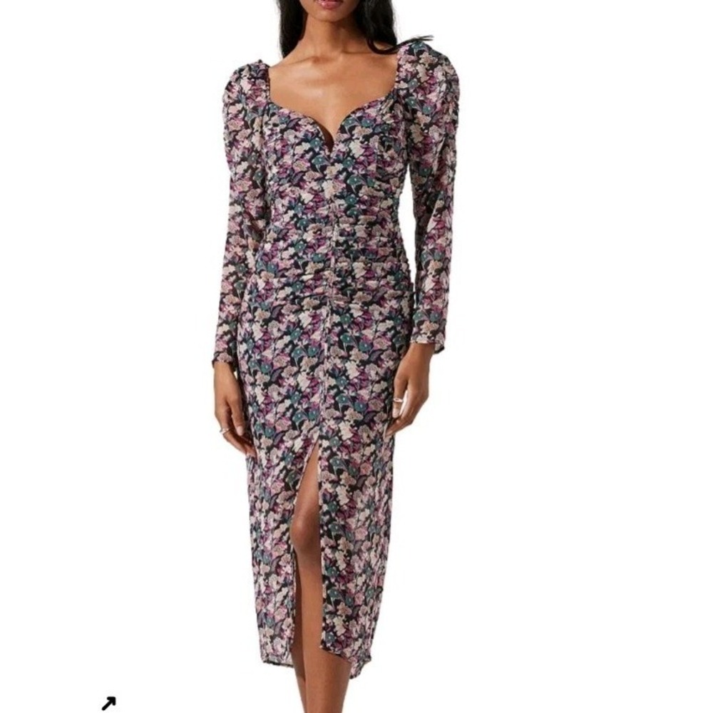 ASTR the Label Jamila Floral Printed Sweetheart-Neck Long Sleeve Dress Sz M